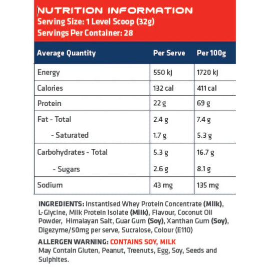 Nutrition information label for a protein product with serving size, calories, and ingredients listed.