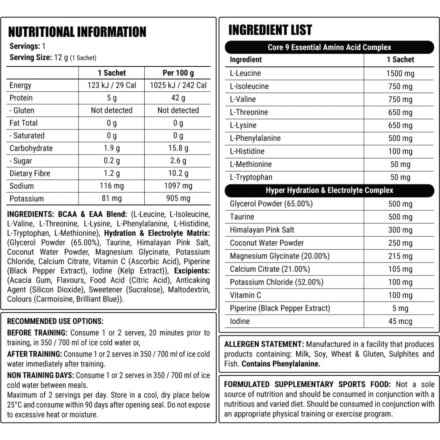 Nutritional information and ingredient list for faction labs core 9.