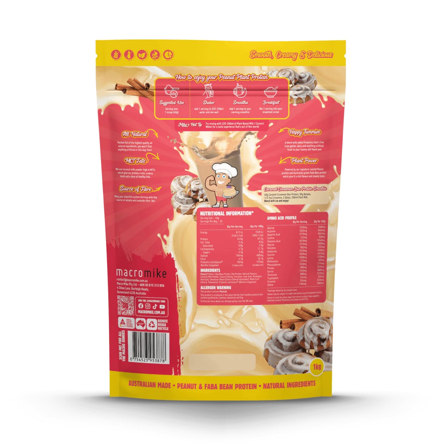 Macro Mike protein powder package with nutritional information on a white background