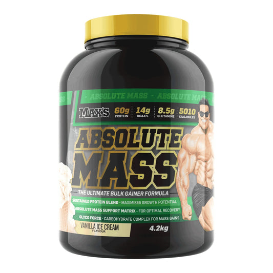 Black supplement container labeled 'Absolute Mass' with a yellow cap on a white background