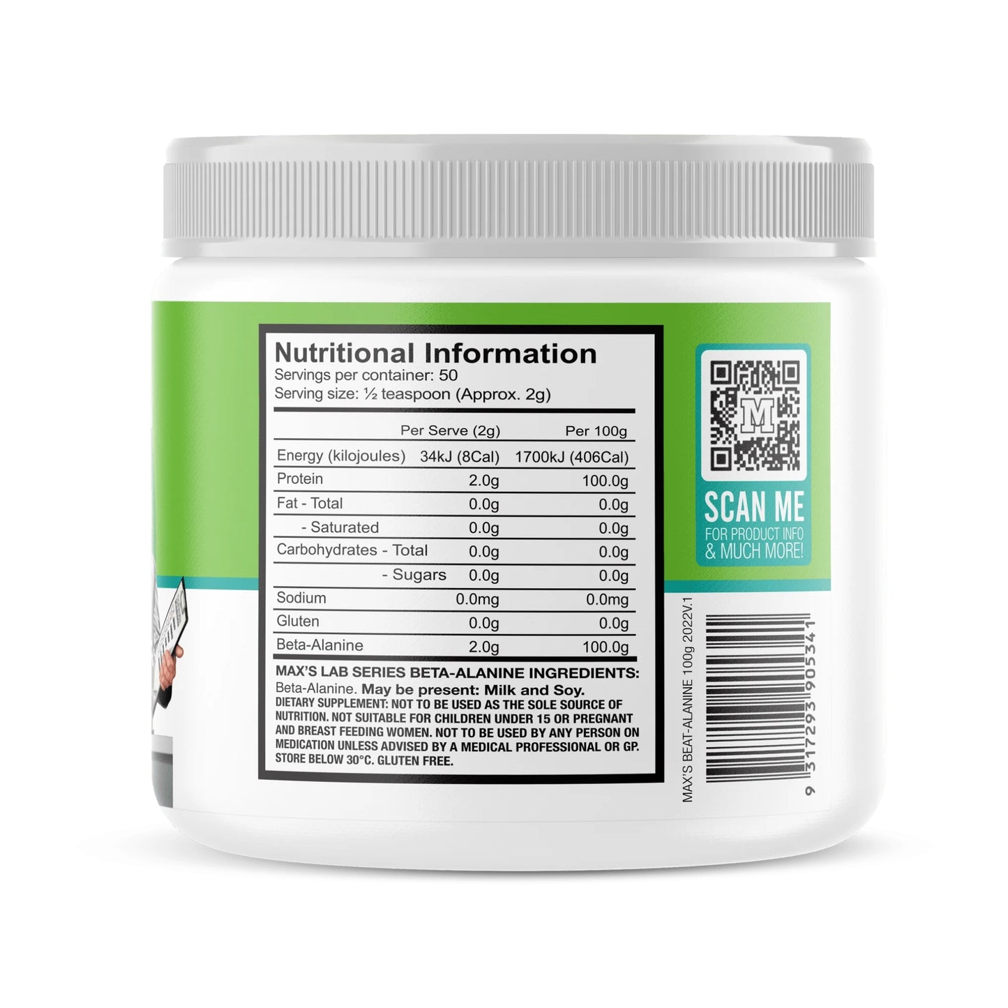 Nutritional information label on a supplement container with a QR code and scan prompt.