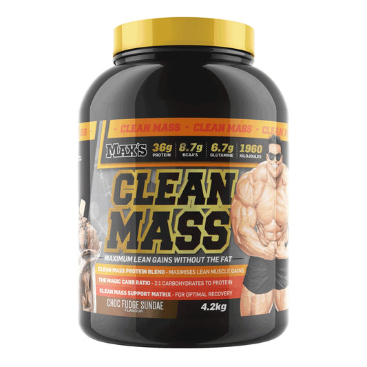 Max's Clean Mass supplement container with a muscular figure on the label