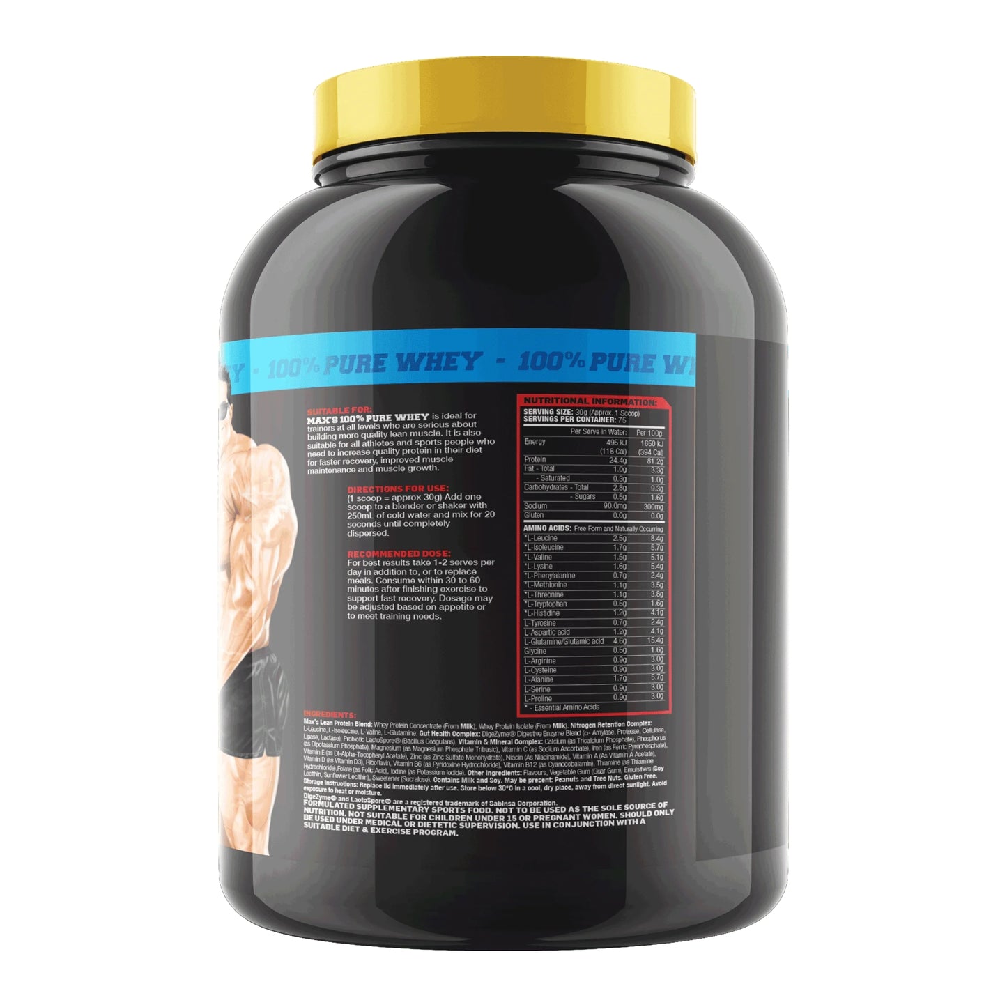 Black protein powder container with yellow lid on a white background