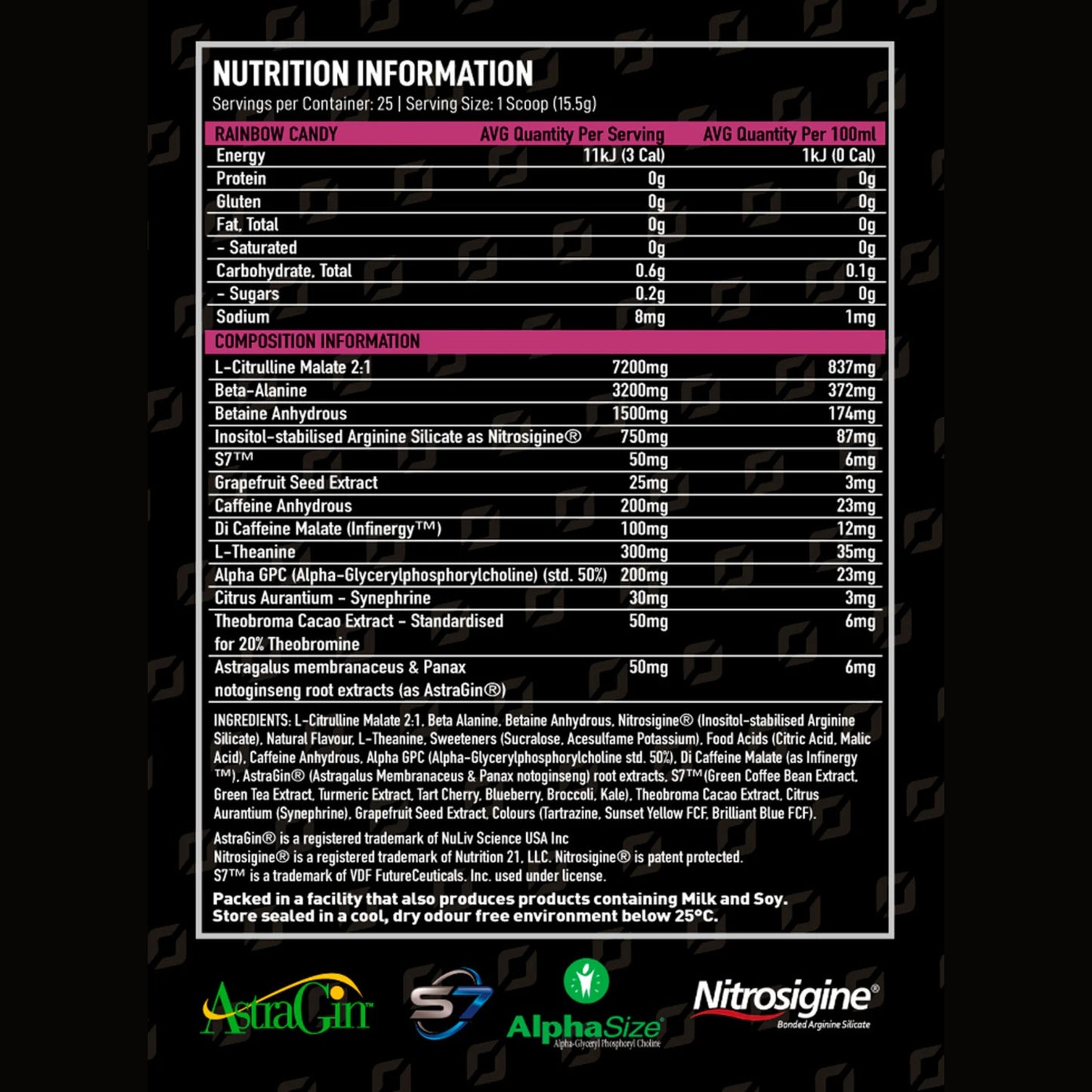 Nutrition information label for a supplement with various ingredients listed.