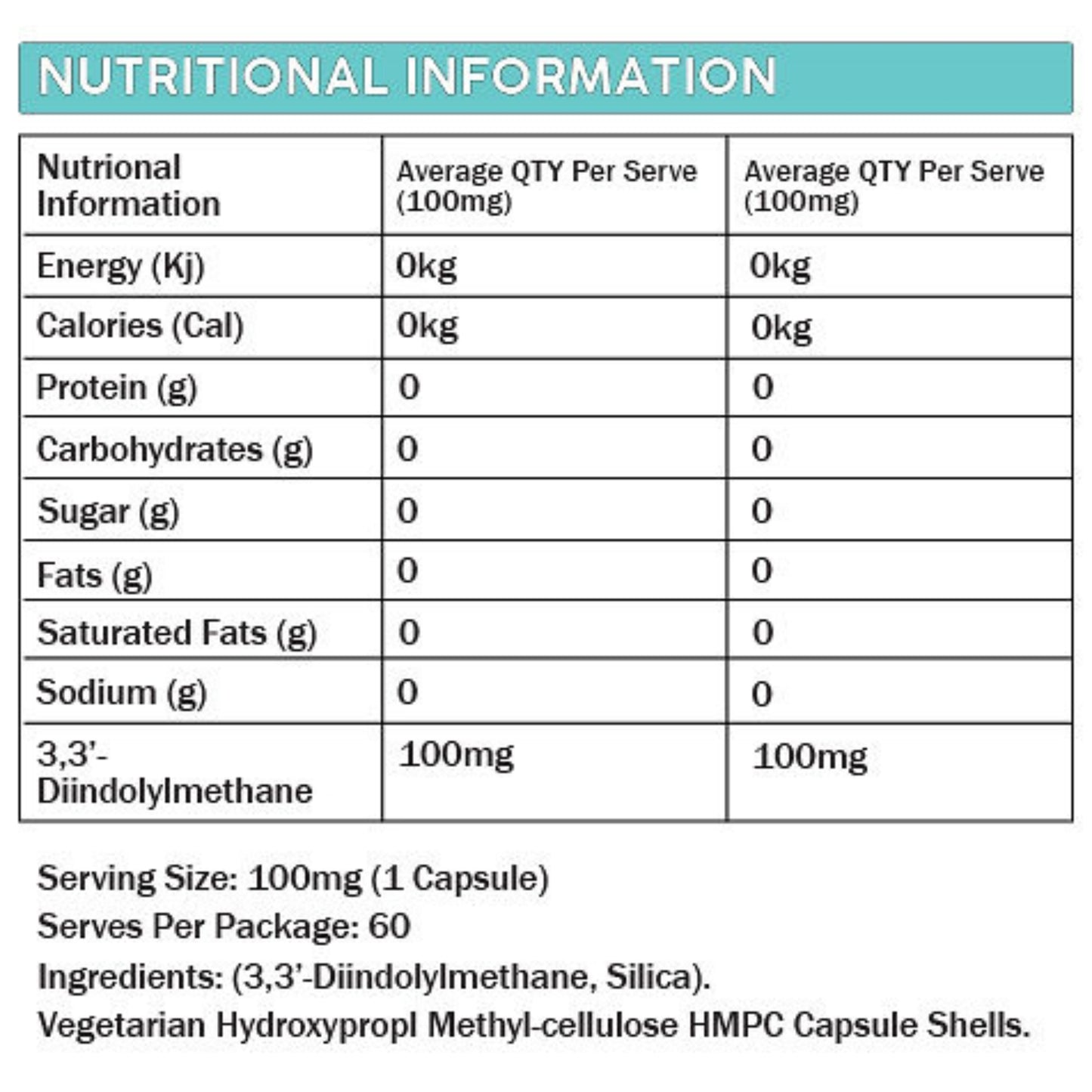 Nutritional information table for a dim supplement with serving size and package details.