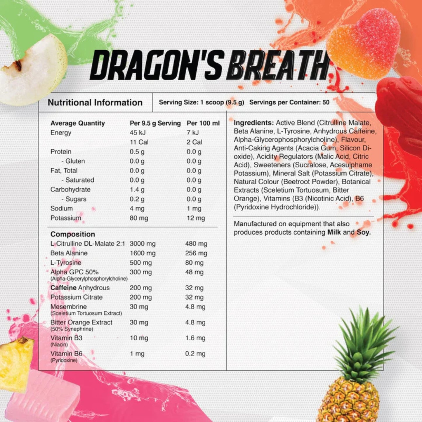 Nutritional information and ingredients list for Dragon's Breath supplement with colorful graphics.