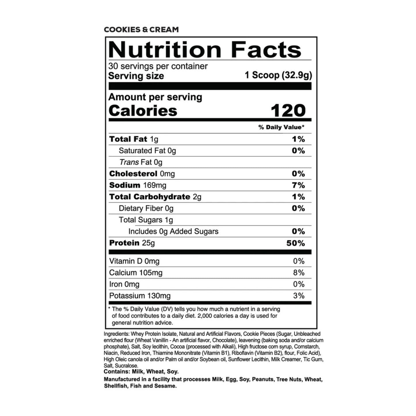 Nutrition facts label for a protein product with cookies and cream flavor.