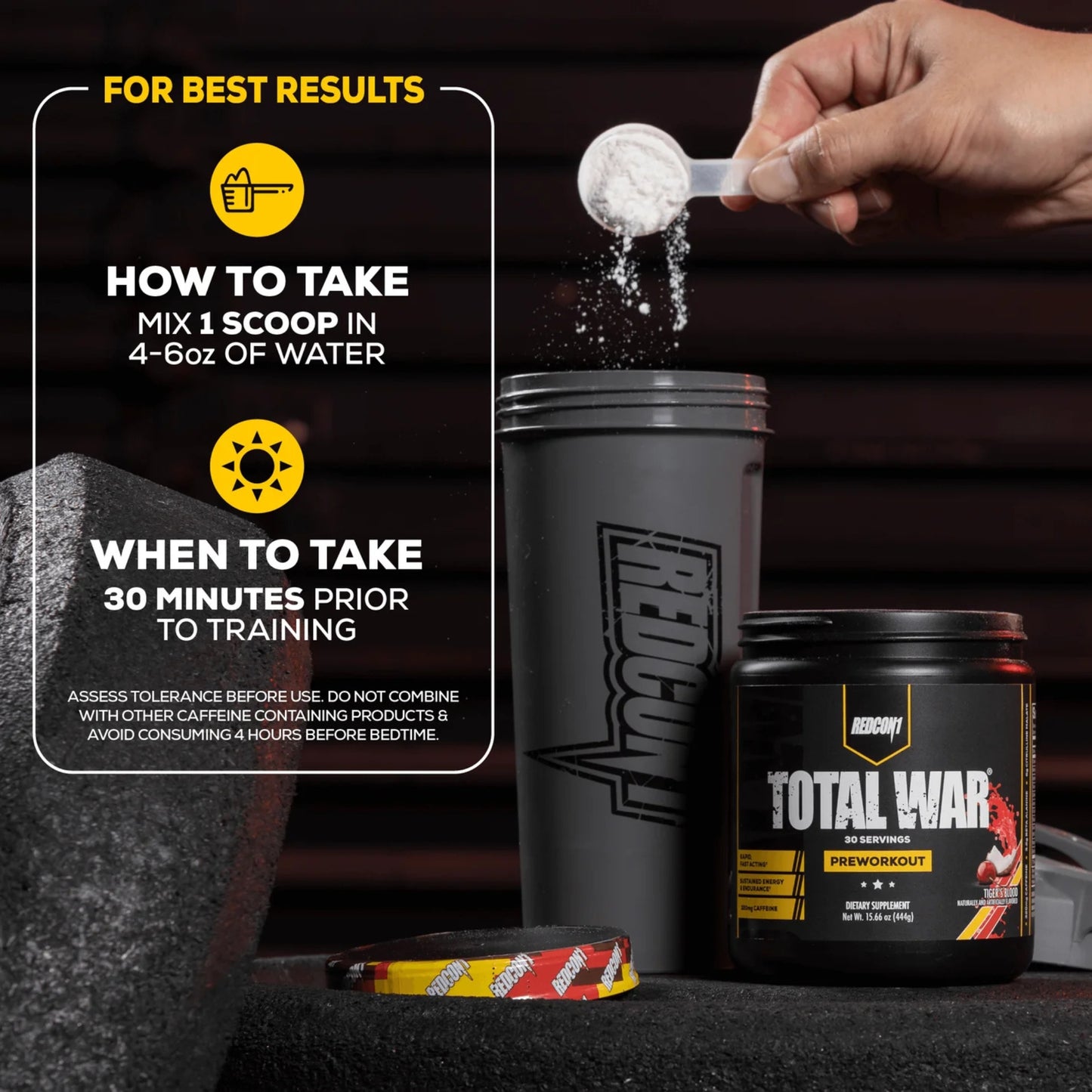 Preworkout supplement with instructions on how to take it, featuring a shaker and Total War container.