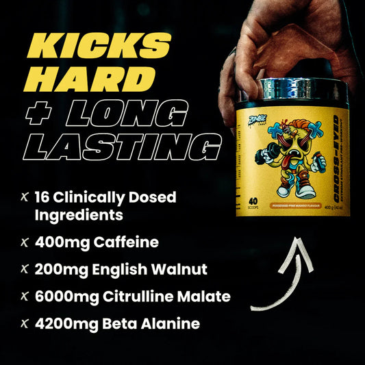 Supplement container with text highlighting ingredients and effects on a black background
