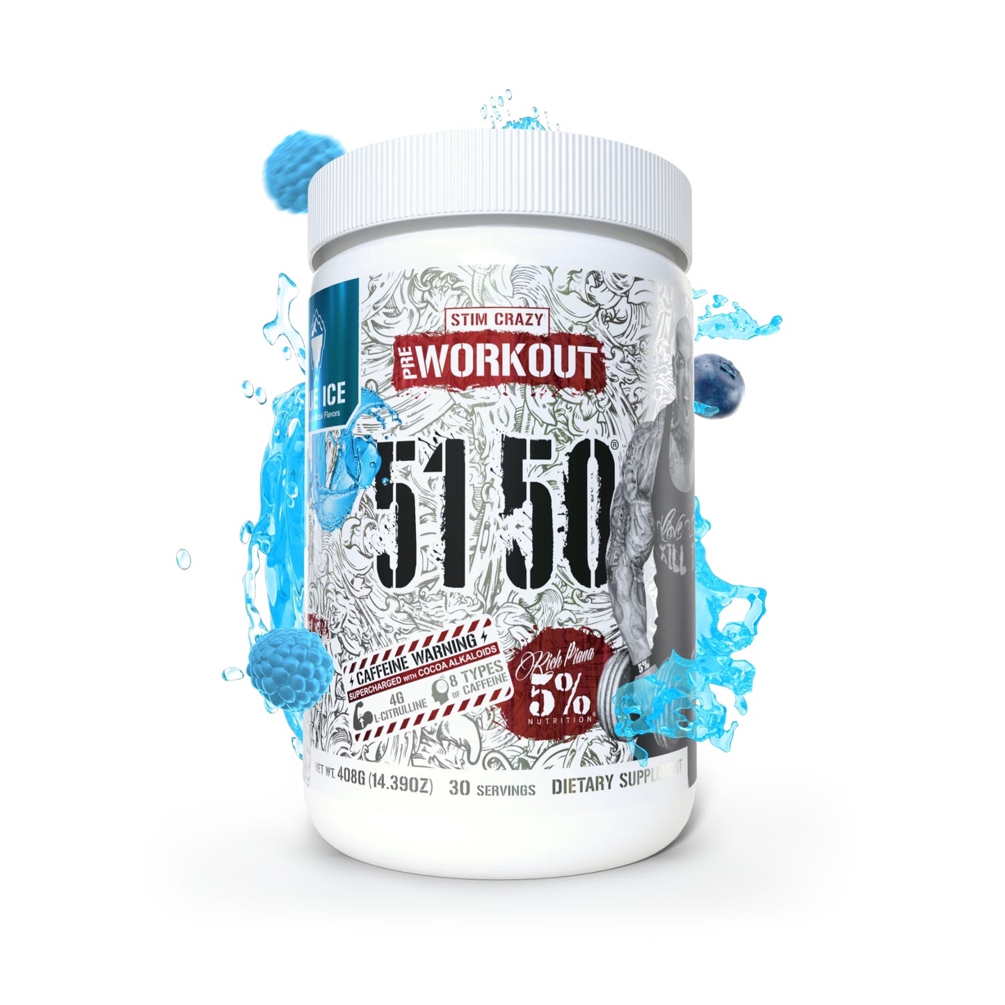 Supplement container labeled 'Pre Workout 5150' with blue graphics on a white background