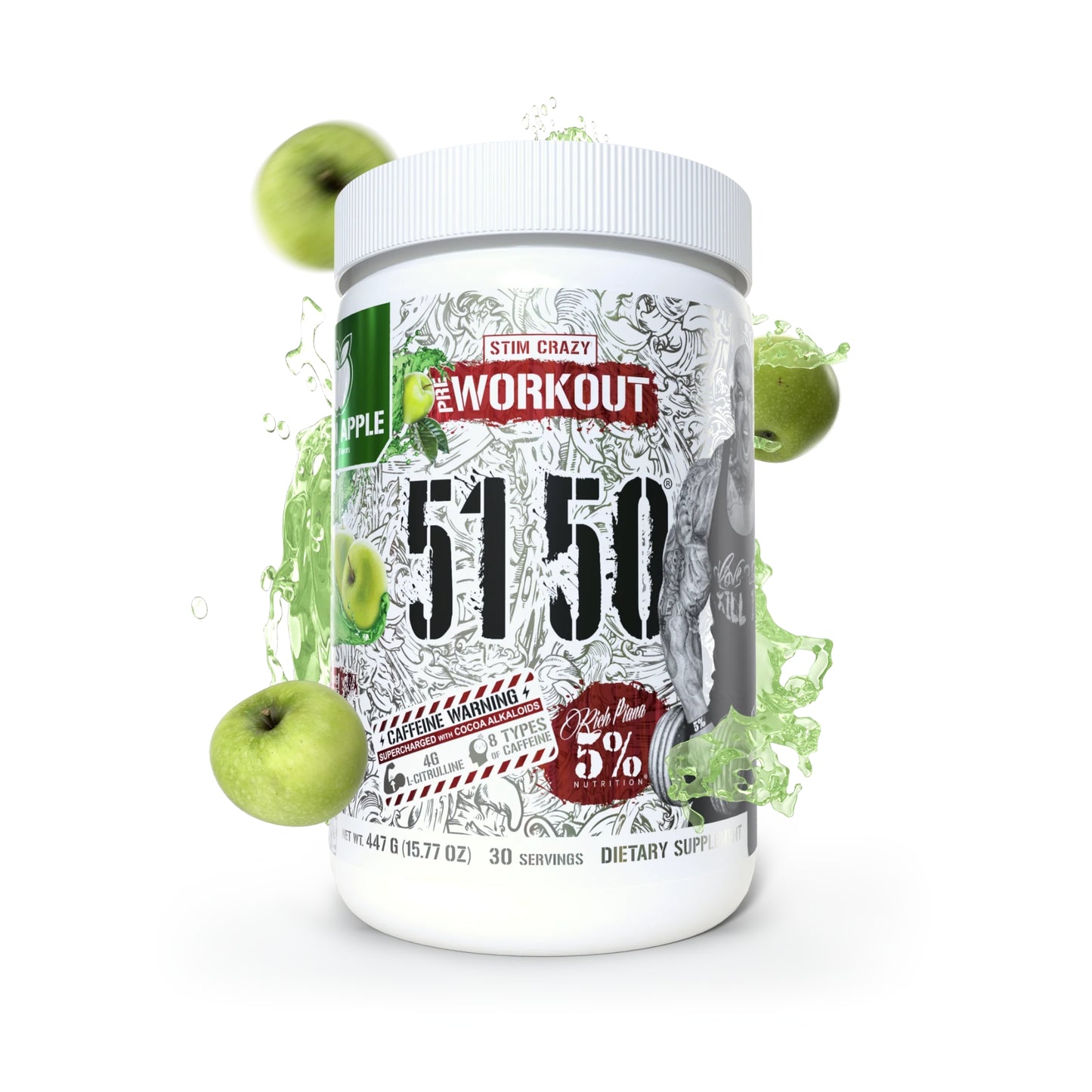 Supplement container labeled 'Pre Workout 5150' with green apples on a white background