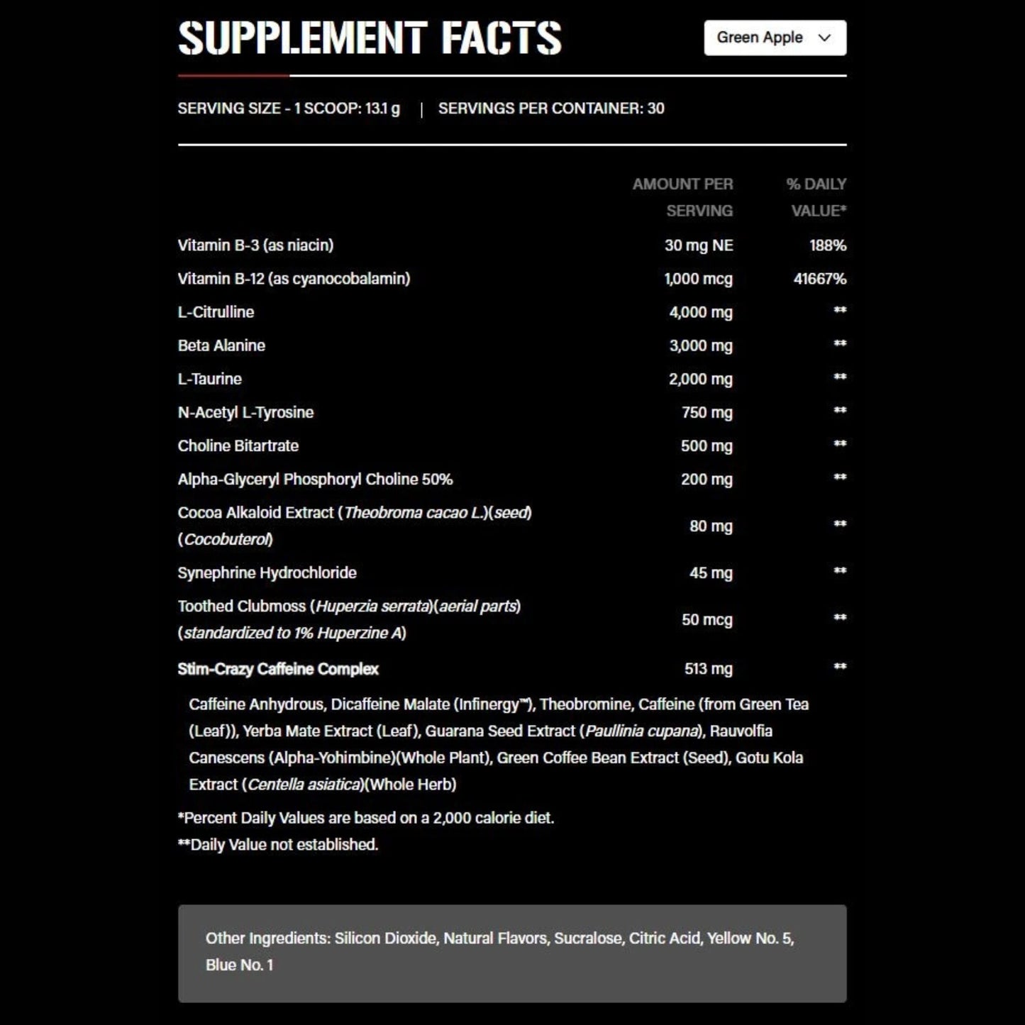Supplement facts label with detailed ingredient list on a black background