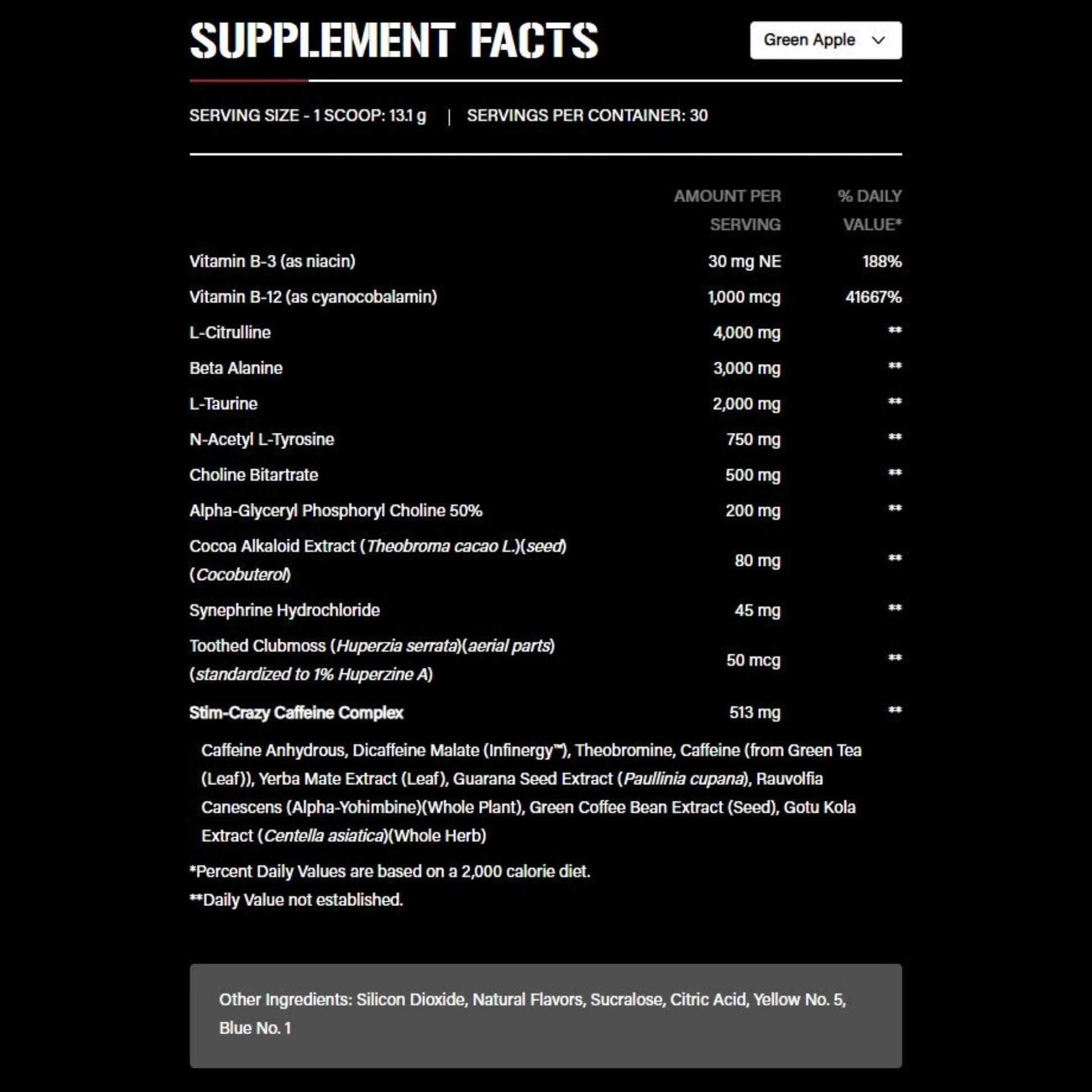 Supplement facts label with detailed ingredient list on a black background