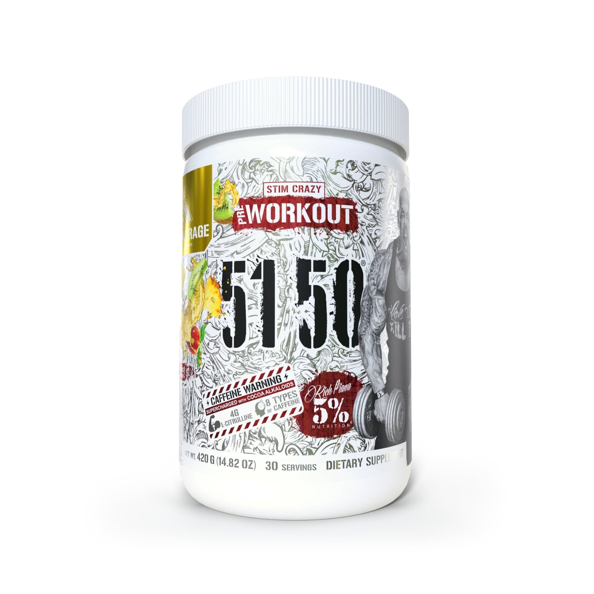 Supplement container labeled 'Pre Workout 5150' on a white background
