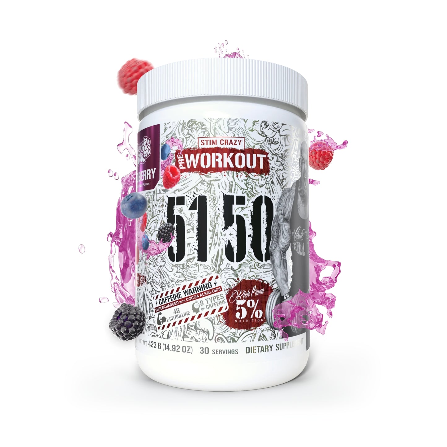 Supplement container labeled Pre Workout 5150 with colorful graphics on a white background