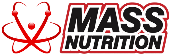 Mass Nutrition logo with a red atom-like symbol on a white background