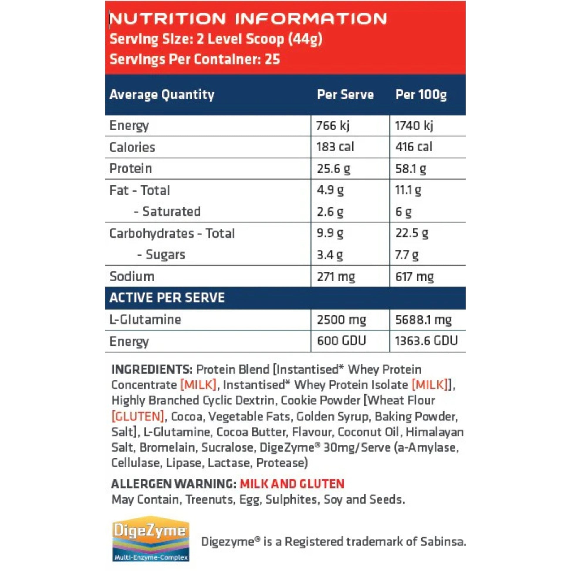 Nutrition information label for a protein supplement with serving size, calories, and ingredients listed.