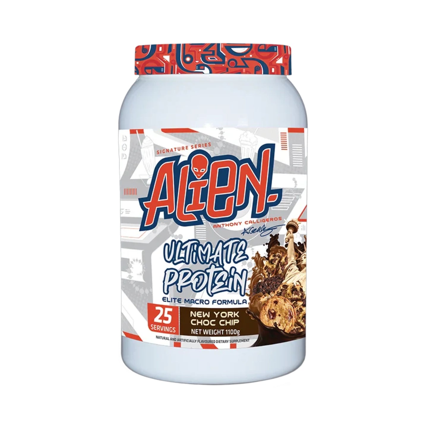Container of Alien Protein Powder with colorful label on a white background