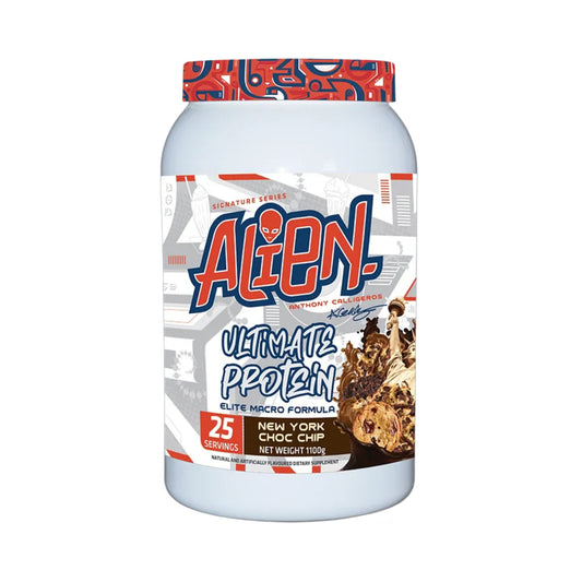 Container of Alien Protein Powder with colorful label on a white background