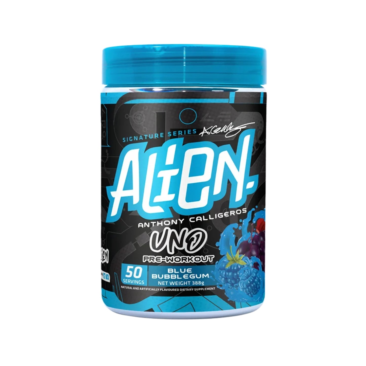 Pre-workout supplement container with blue and black design on a white background