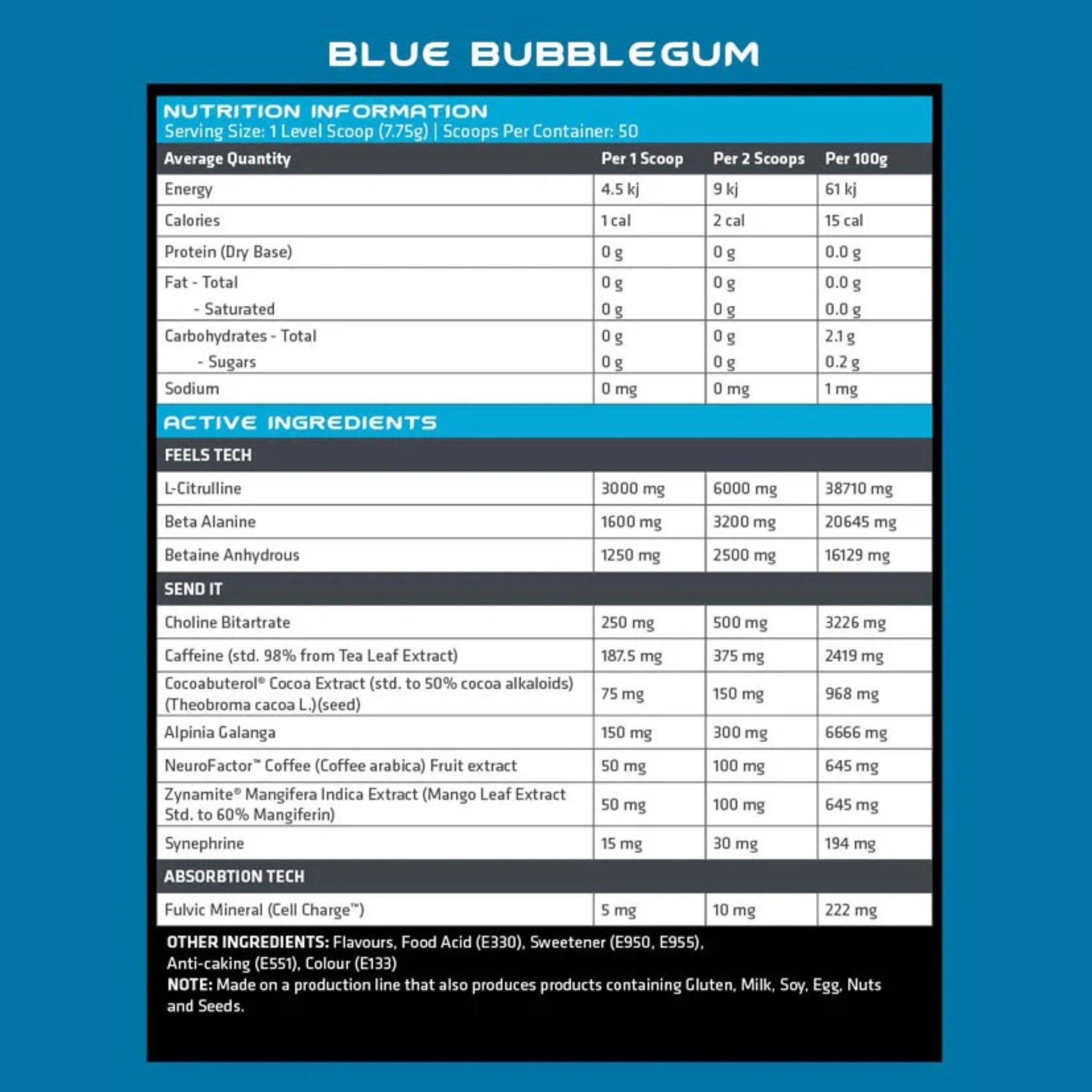 Nutrition information and ingredient list for Blue Bubblegum on a blue background