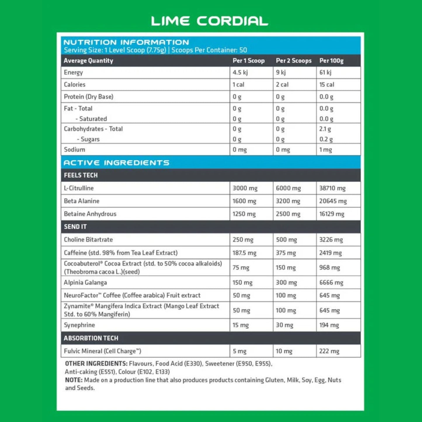 Nutrition information and ingredient list for a lime cordial product on a green background