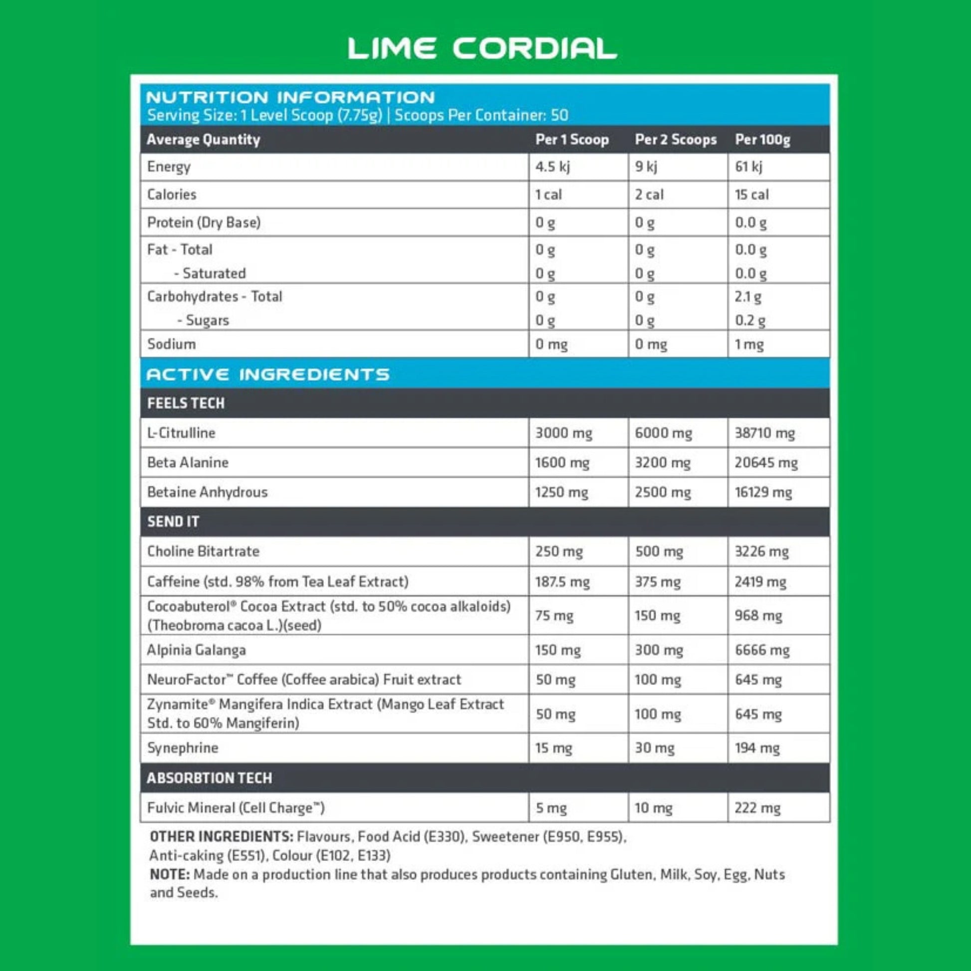 Nutrition information and ingredient list for a lime cordial product on a green background