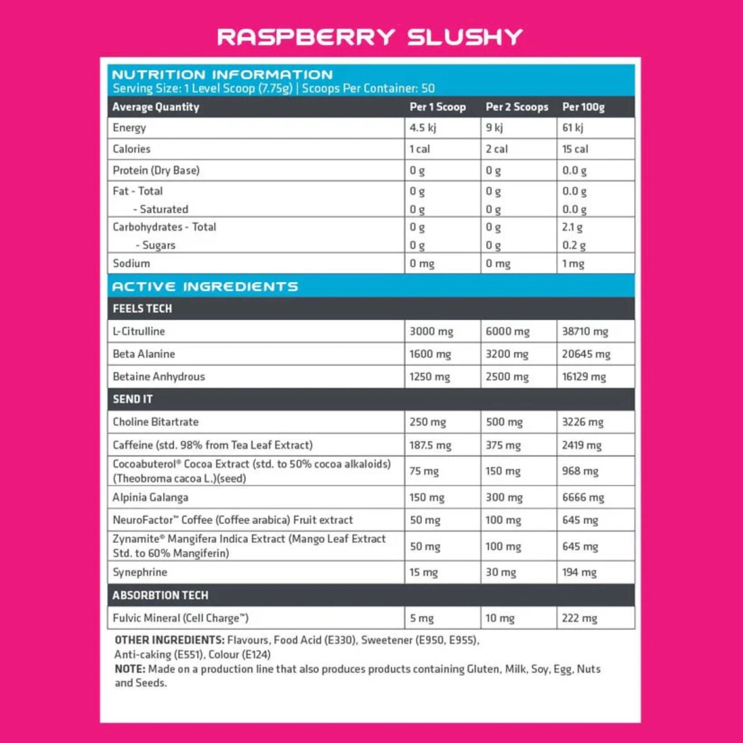 Nutrition information and ingredient list for a raspberry slushy product on a pink background