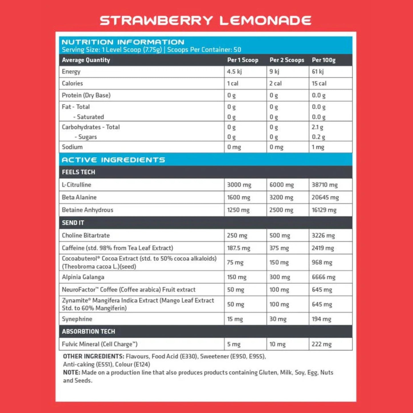 Nutrition information and ingredient list for strawberry lemonade on a red background