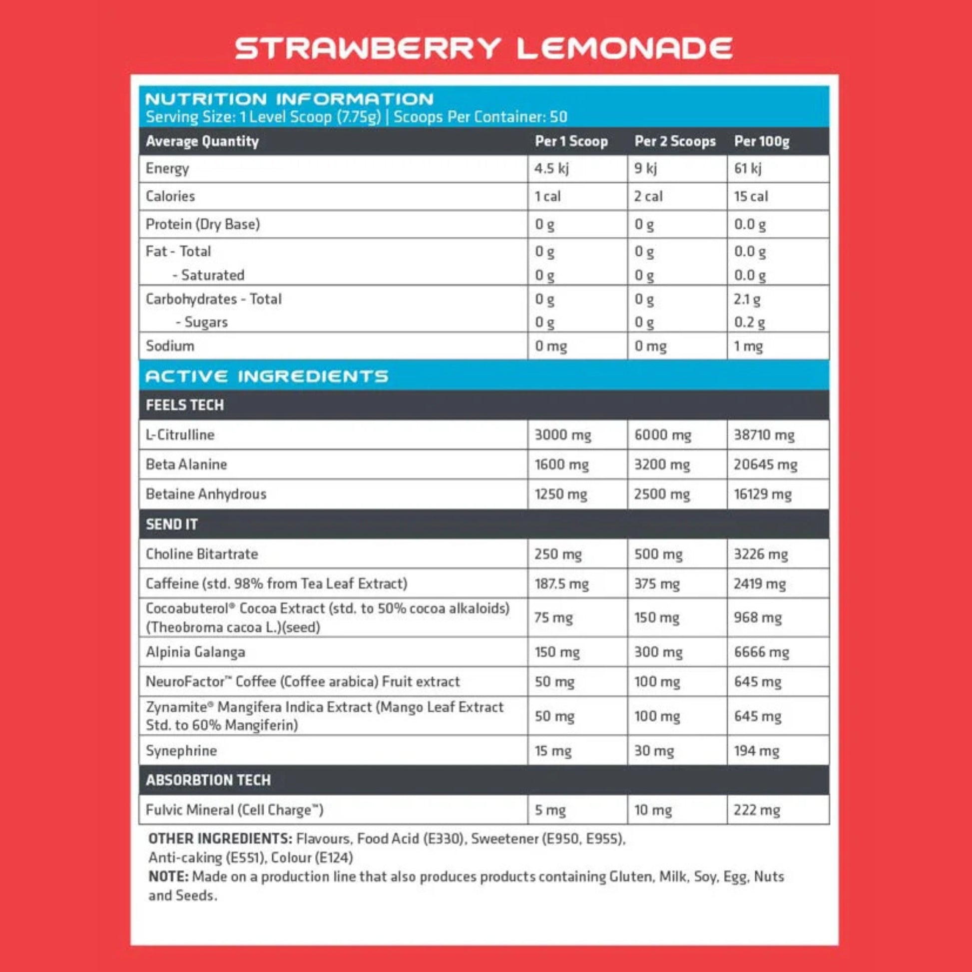 Nutrition information and ingredient list for strawberry lemonade on a red background