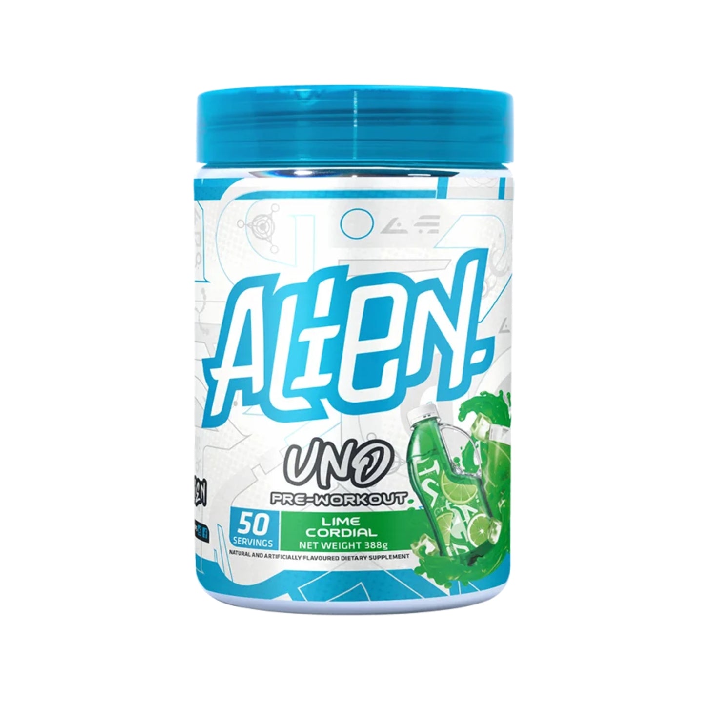 Pre-workout supplement container with blue and white design on a white background
