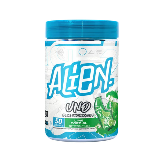 Pre-workout supplement container with blue and white design on a white background