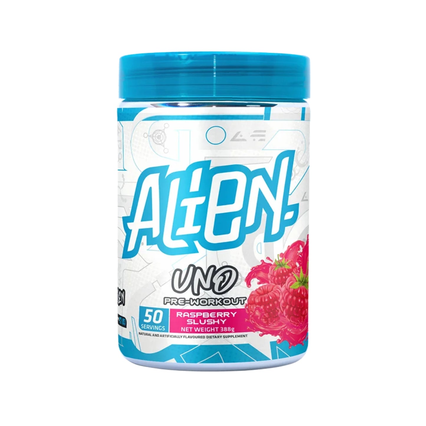 Pre-workout supplement container with blue and white design on a white background