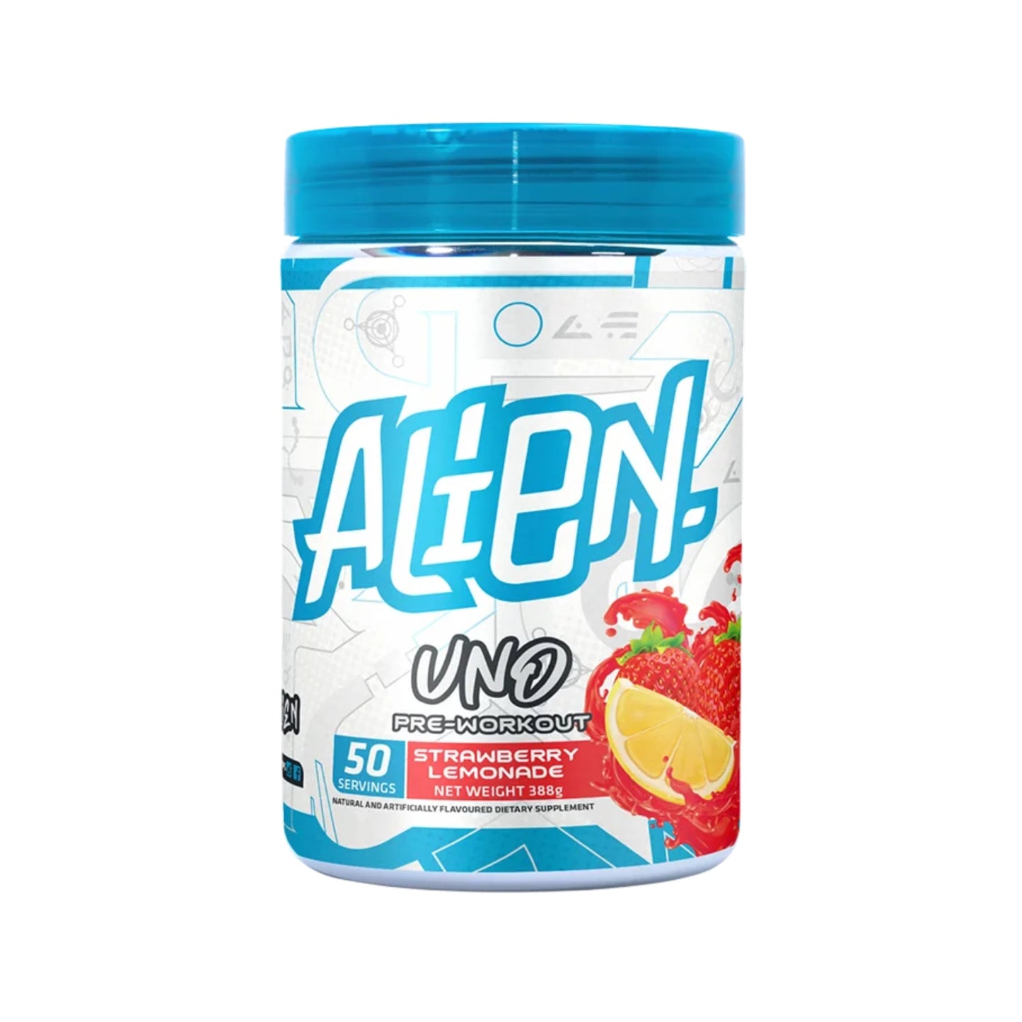 Pre-workout supplement container with blue and white design on a white background