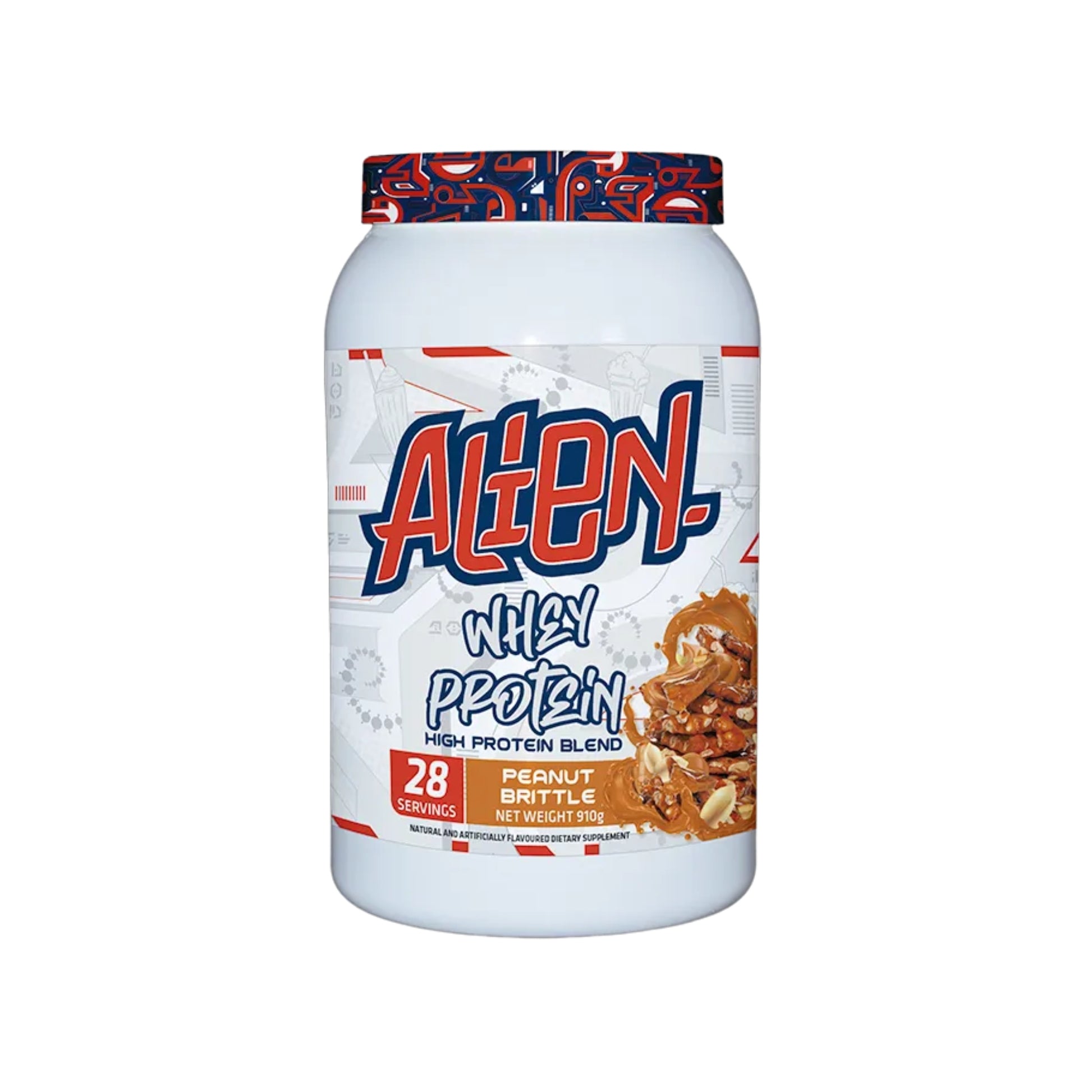 Protein powder container with 'Alien' branding on a white background