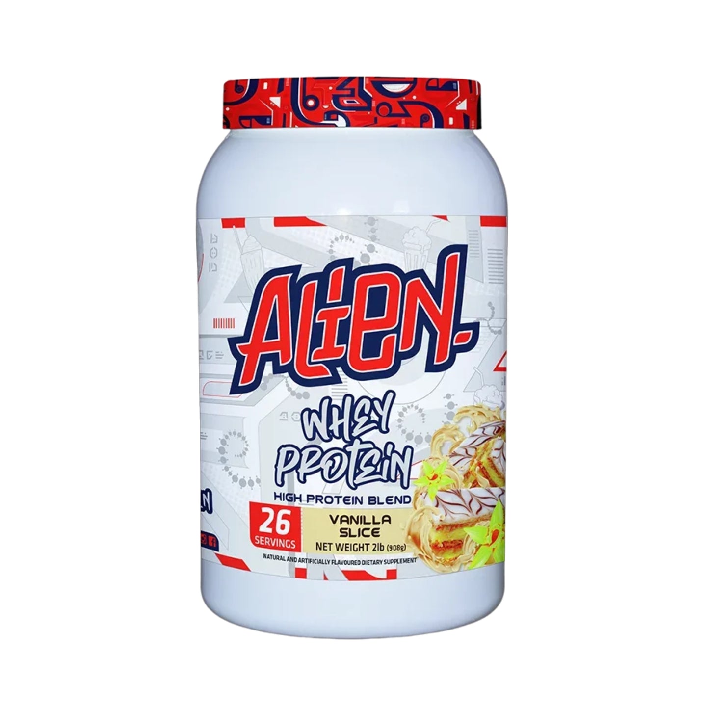 Protein powder container with 'Alien!' branding on a white background