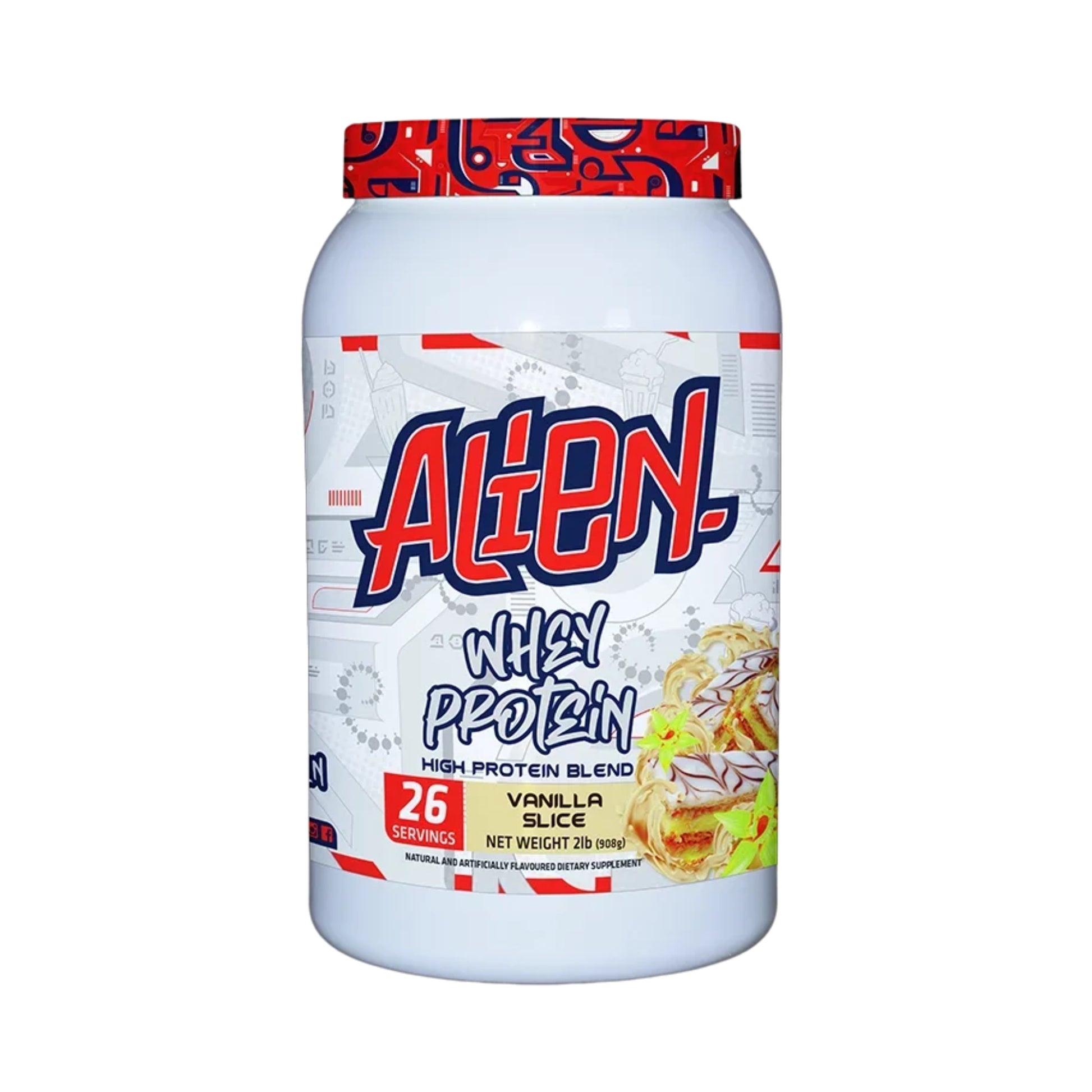 Protein powder container with 'Alien!' branding on a white background