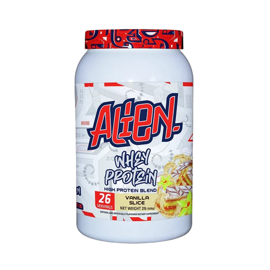 Protein powder container with 'Alien!' branding on a white background