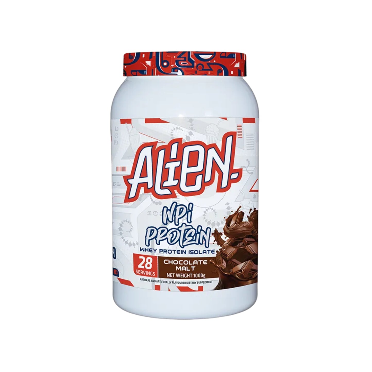 Protein powder container with 'Alien' branding on a white background