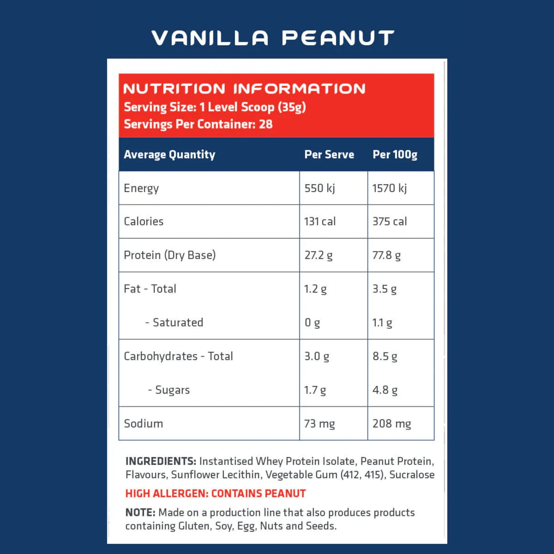 Nutrition information label for vanilla peanut flavor on a blue background