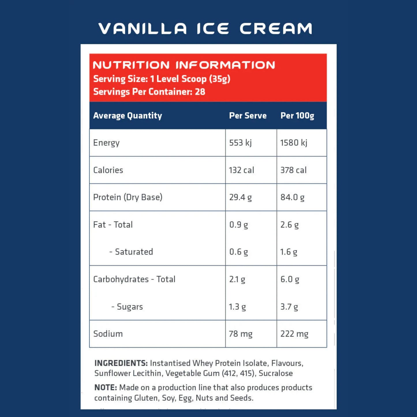 Nutrition information label for vanilla ice cream on a blue background