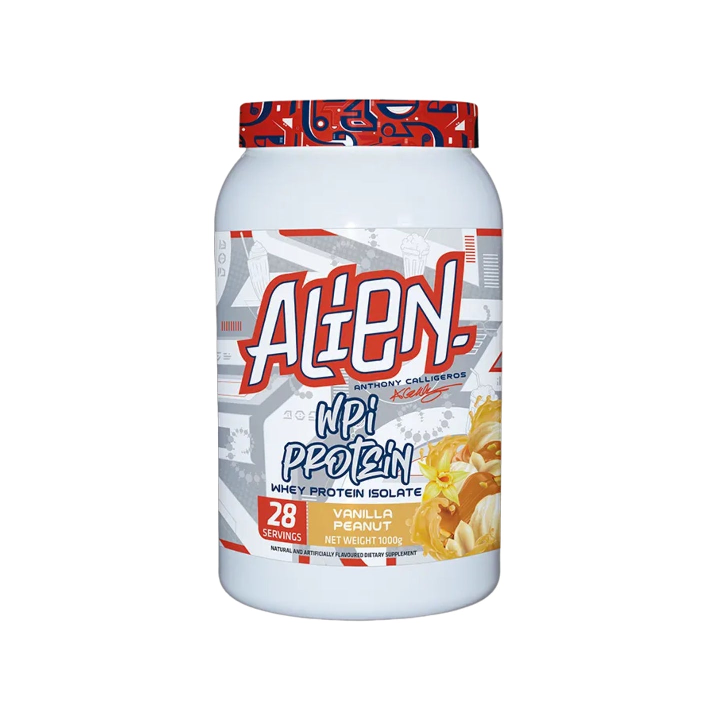 Protein powder container with 'Alien' branding on a white background
