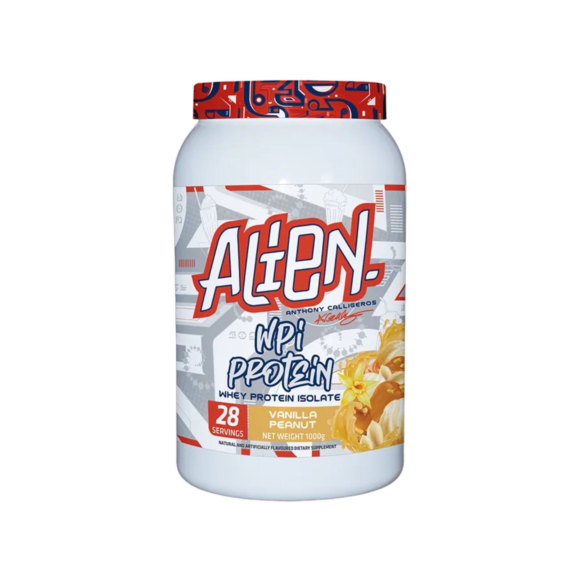 Protein powder container with 'Alien' branding on a white background