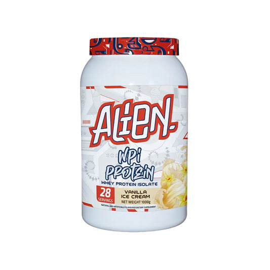 Protein powder container with 'Alien' branding on a white background