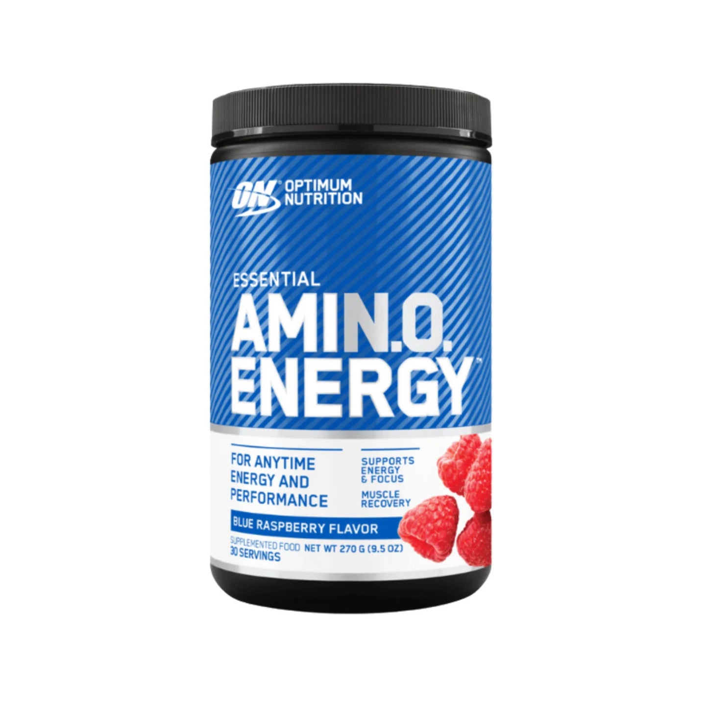 Optimum Nutrition Amin.O. Energy supplement container with blue label and black lid on a white background