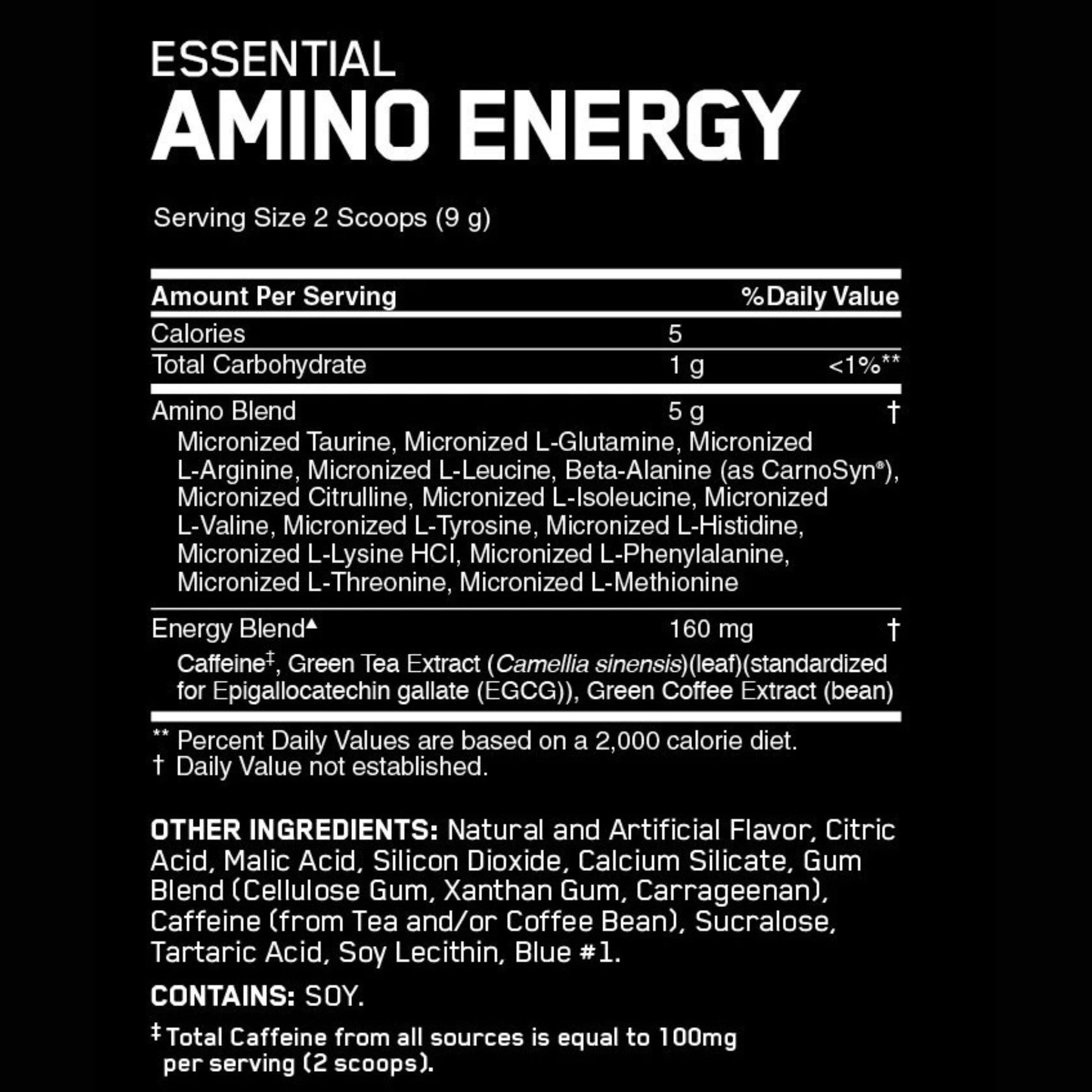 Nutritional label for 'Essential Amino Energy' supplement on a black background