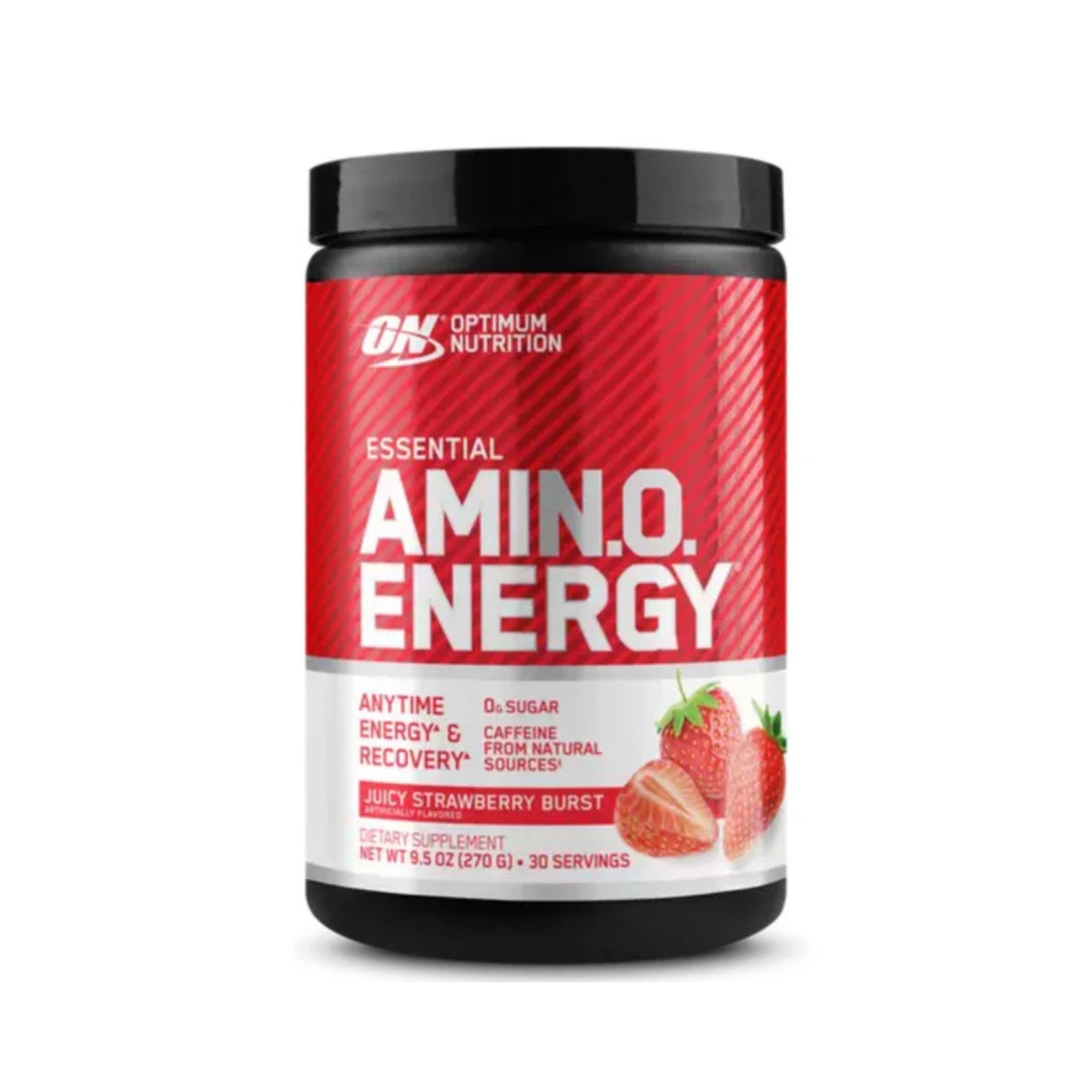 Optimum Nutrition Amin.O. Energy supplement container with strawberry flavor on a white background