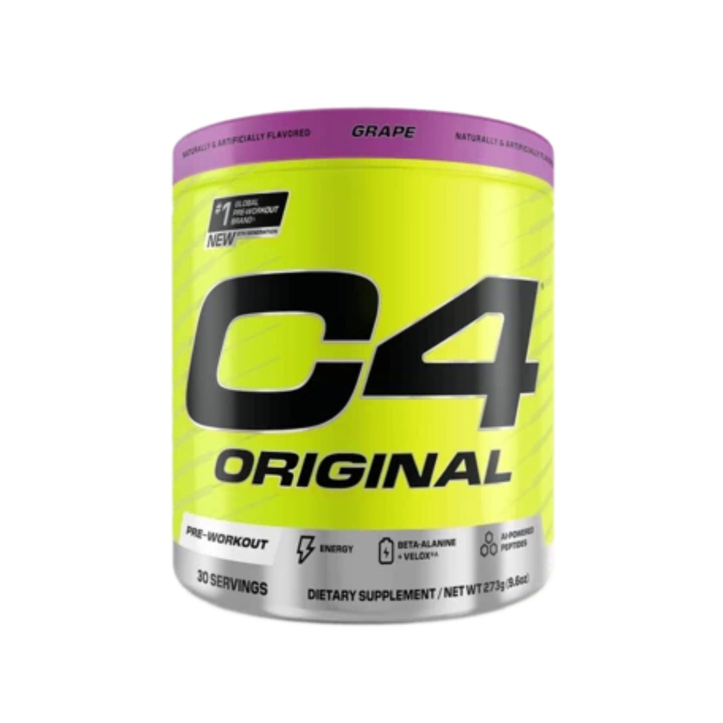 C4 Original pre-workout supplement container with purple lid on a white background