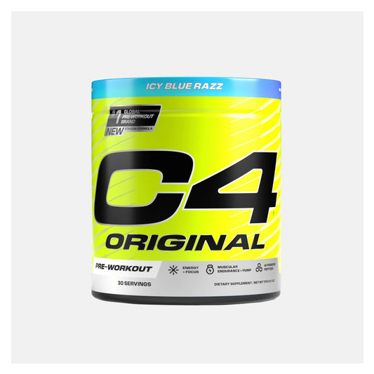 C4 Original pre-workout supplement container with bright yellow and blue design on a white background