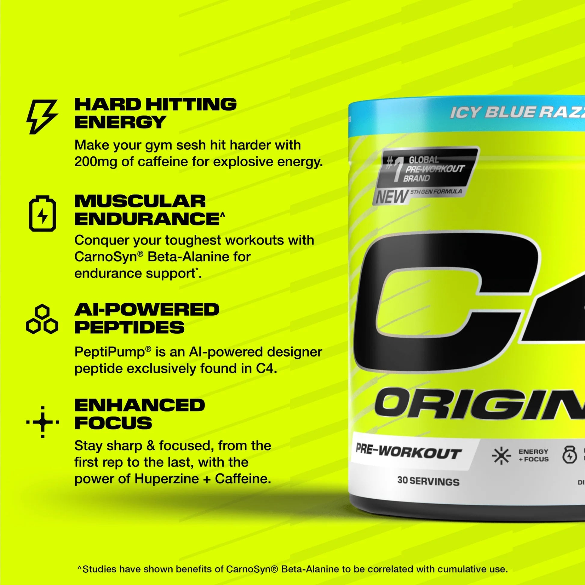 C4 Origin pre-workout supplement container with features on a bright yellow background